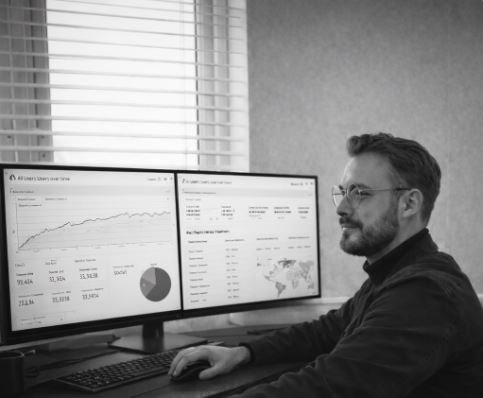 Joe Lewis, independent SEO and AI search consultant, at his desk reviewing analytics